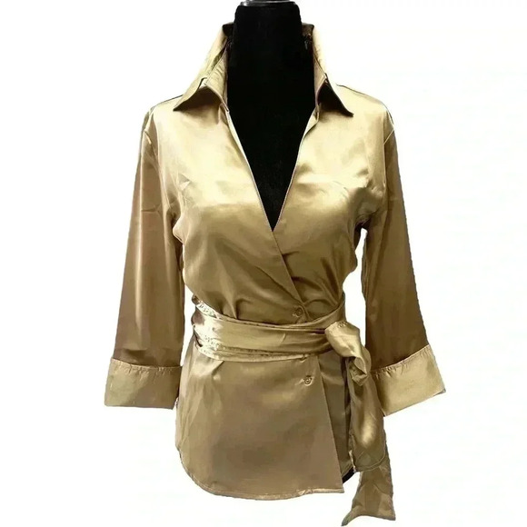 Suzy Shier Wrap Blouse Gold Satin V Neck Tie Waist 3/4 Sleeve Sash  Belt Size XS - Picture 1 of 16